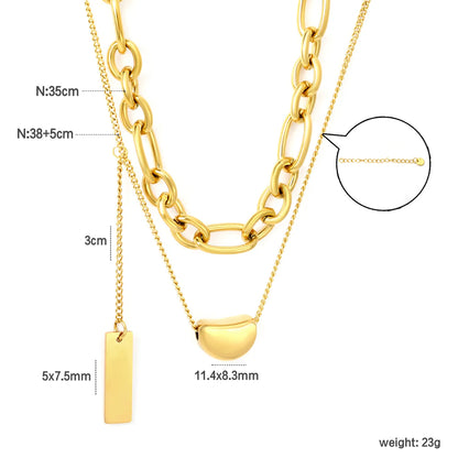 ✨ Wholesale Gold/Steel Color Dual Layer Necklace | 11*8mm Candy Bead & 5*7.5mm Rectangle Pendant | 1.3mm Oval Chain 35cm + 0.4mm Side Chain 38+3cm | 5cm Extender & 6mm Lobster Clasp