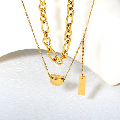 ✨ Wholesale Gold/Steel Color Dual Layer Necklace | 11*8mm Candy Bead & 5*7.5mm Rectangle Pendant | 1.3mm Oval Chain 35cm + 0.4mm Side Chain 38+3cm | 5cm Extender & 6mm Lobster Clasp