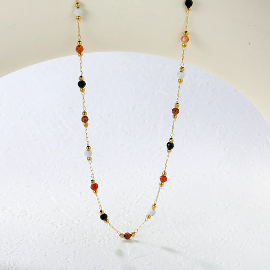 ✨ Wholesale Gold Beaded Necklace w/ 2mm Steel Beads + 3.2mm Stones & 10x3mm Tag | 40+5cm | Stainless Steel