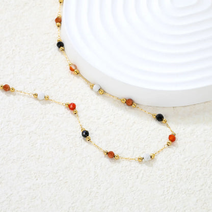 ✨ Wholesale Gold Beaded Necklace w/ 2mm Steel Beads + 3.2mm Stones & 10x3mm Tag | 40+5cm | Stainless Steel