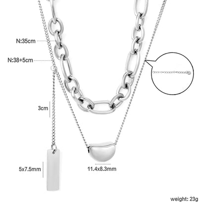 ✨ Wholesale Gold/Steel Color Dual Layer Necklace | 11*8mm Candy Bead & 5*7.5mm Rectangle Pendant | 1.3mm Oval Chain 35cm + 0.4mm Side Chain 38+3cm | 5cm Extender & 6mm Lobster Clasp