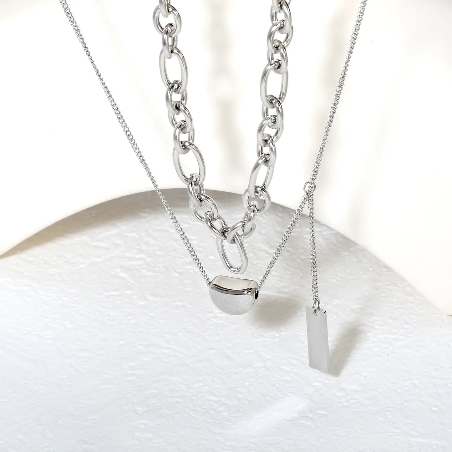 ✨ Wholesale Gold/Steel Color Dual Layer Necklace | 11*8mm Candy Bead & 5*7.5mm Rectangle Pendant | 1.3mm Oval Chain 35cm + 0.4mm Side Chain 38+3cm | 5cm Extender & 6mm Lobster Clasp