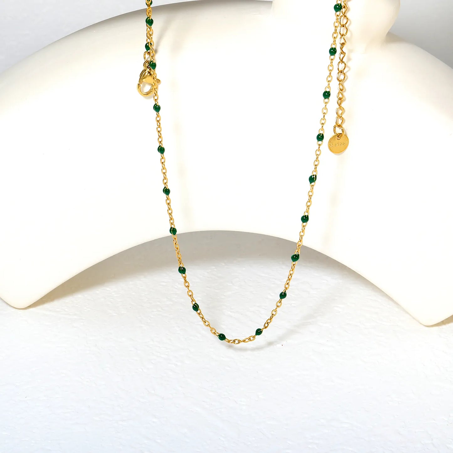 ✨ Wholesale Gold Stainless Steel Deep Green Resin Pendant Necklace | 0.4mm Twist Chain 40+5cm with 6mm Lobster Clasp