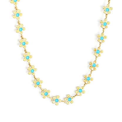 🌸Wholesale Gold Enamel Flower Necklace: 5.8mm Blue Floral Pendant + 40+5cm Chain | 11.2x3.7mm Rectangular Tag | Stainless Steel Bulk Jewelry
