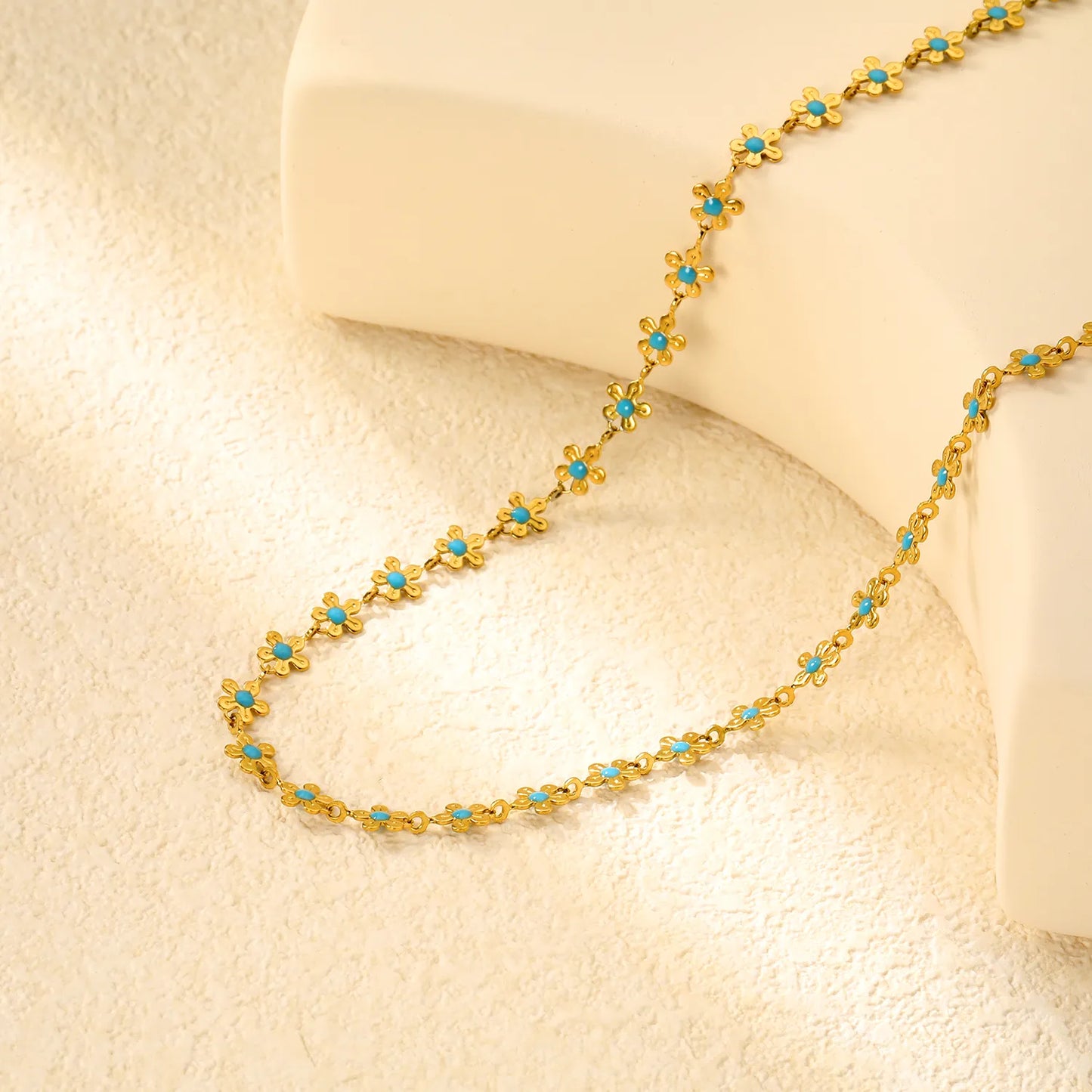 🌸Wholesale Gold Enamel Flower Necklace: 5.8mm Blue Floral Pendant + 40+5cm Chain | 11.2x3.7mm Rectangular Tag | Stainless Steel Bulk Jewelry