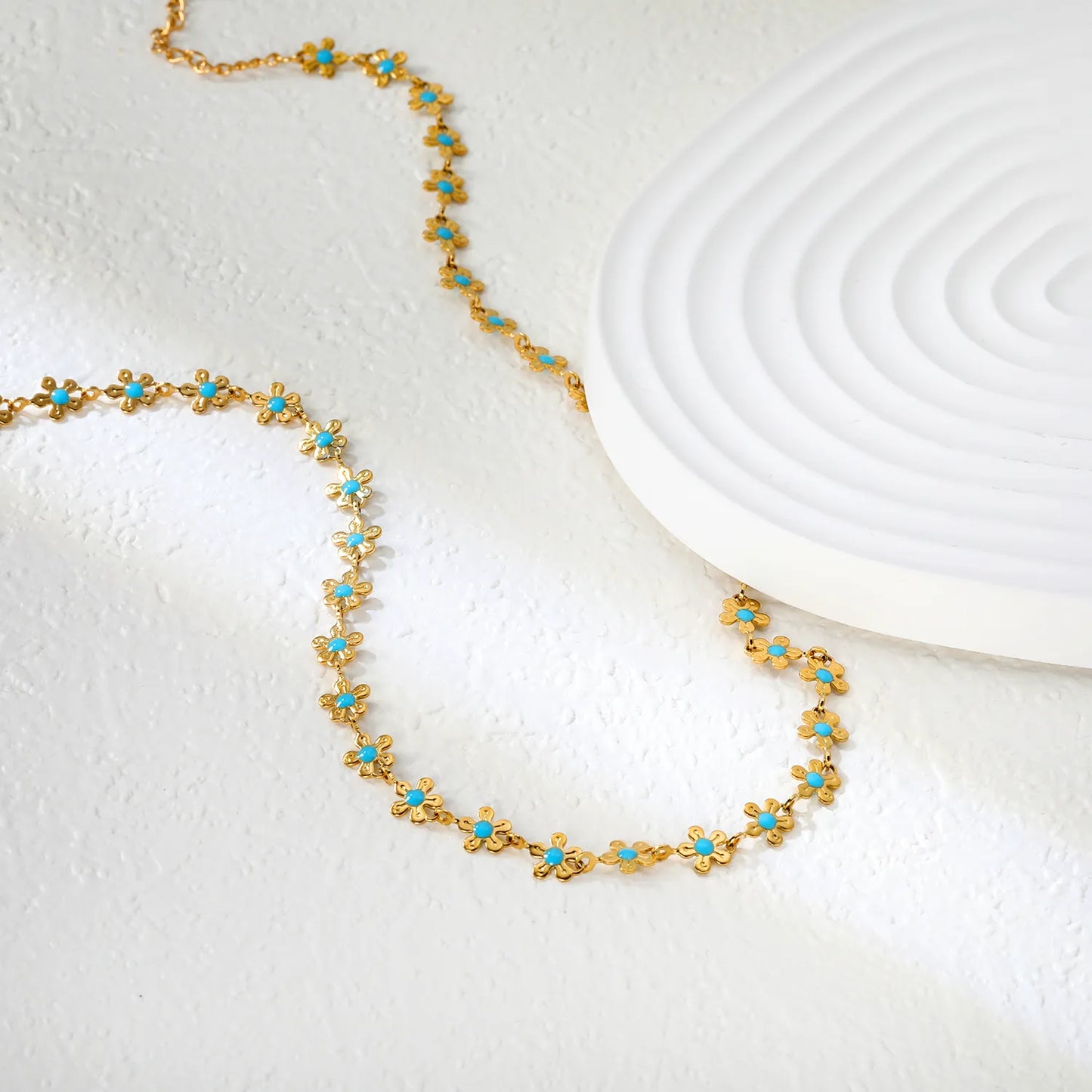 🌸Wholesale Gold Enamel Flower Necklace: 5.8mm Blue Floral Pendant + 40+5cm Chain | 11.2x3.7mm Rectangular Tag | Stainless Steel Bulk Jewelry