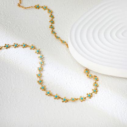 🌸Wholesale Gold Enamel Flower Necklace: 5.8mm Blue Floral Pendant + 40+5cm Chain | 11.2x3.7mm Rectangular Tag | Stainless Steel Bulk Jewelry