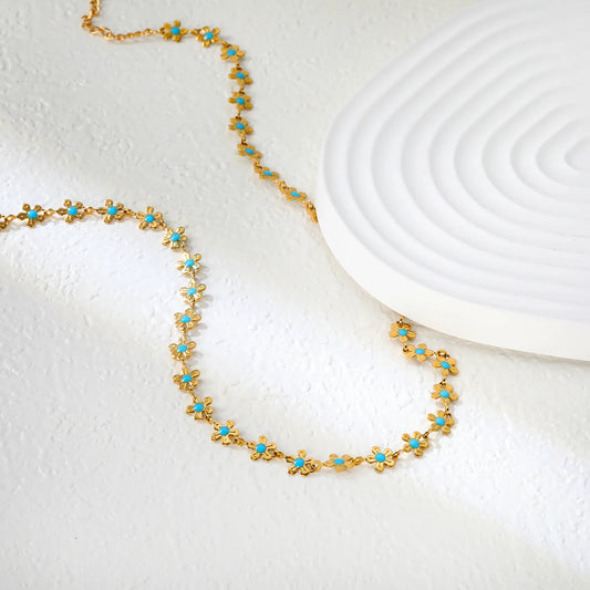 🌸Wholesale Gold Enamel Flower Necklace: 5.8mm Blue Floral Pendant + 40+5cm Chain | 11.2x3.7mm Rectangular Tag | Stainless Steel Bulk Jewelry