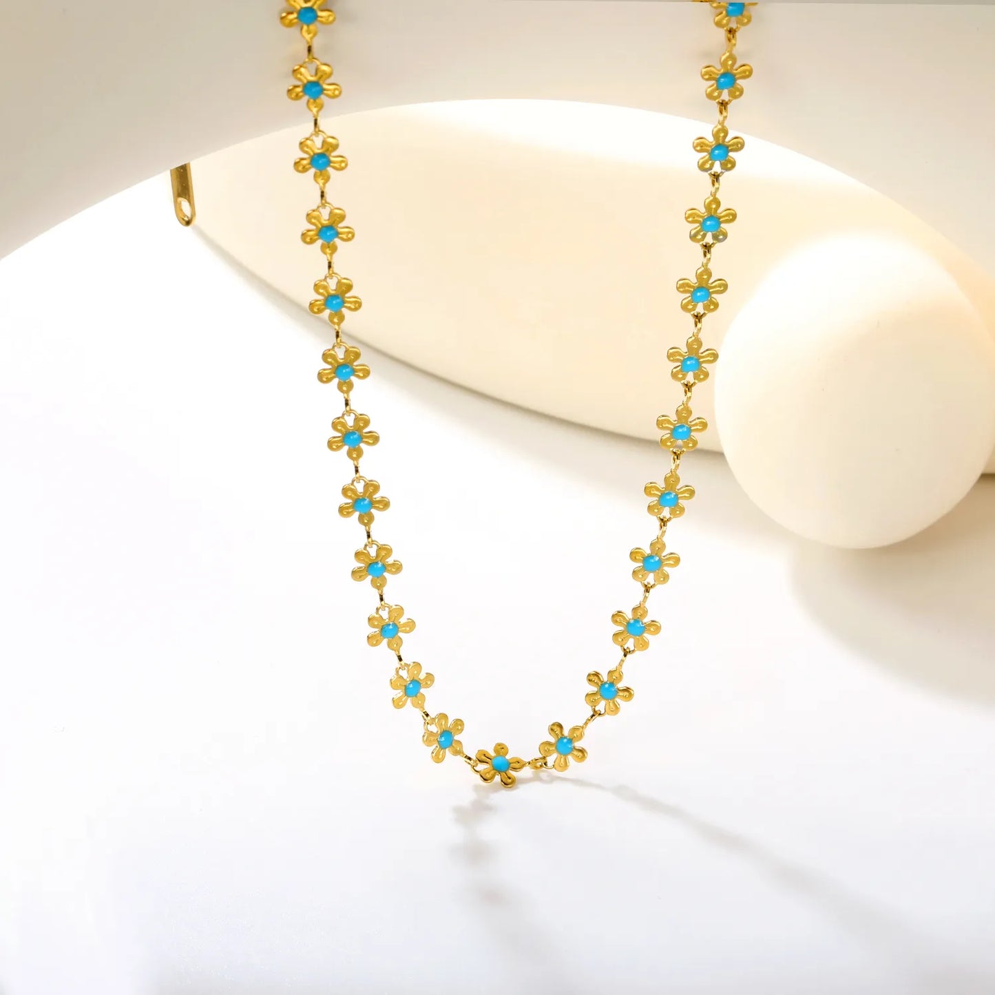 🌸Wholesale Gold Enamel Flower Necklace: 5.8mm Blue Floral Pendant + 40+5cm Chain | 11.2x3.7mm Rectangular Tag | Stainless Steel Bulk Jewelry
