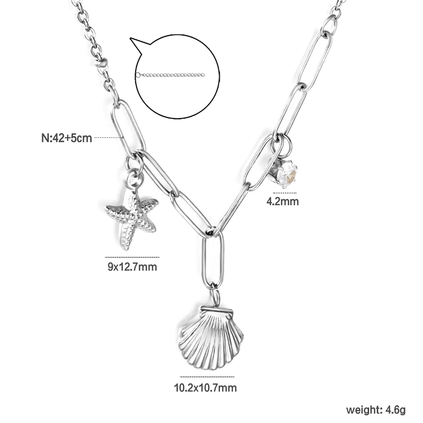 🌟 Wholesale Shell & Starfish Layered Chain Necklace | 42+5cm +10x3cm Ext | Steel/Gold