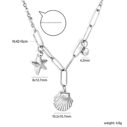 🌟 Wholesale Shell & Starfish Layered Chain Necklace | 42+5cm +10x3cm Ext | Steel/Gold