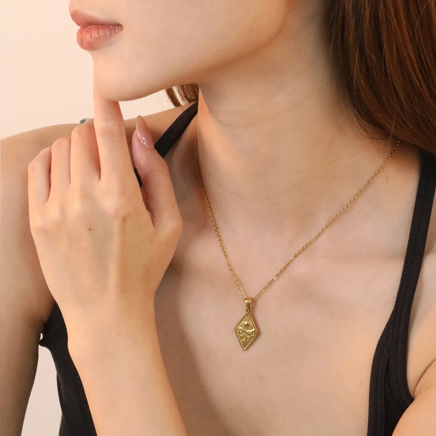✨ Wholesale Gold Stainless Steel Bohemian Necklace | 14x22mm Rhombus Pendant | Free-Spirited Layering Chain