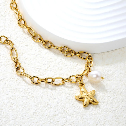 🌟Wholesale Gold Starfish Necklace: 15.1*19.6mm Charm + 7.8*14.6mm Pearl Accent | 1.2mm Rope Chain 40+5cm | Stainless Steel Beach Jewelry Bulk