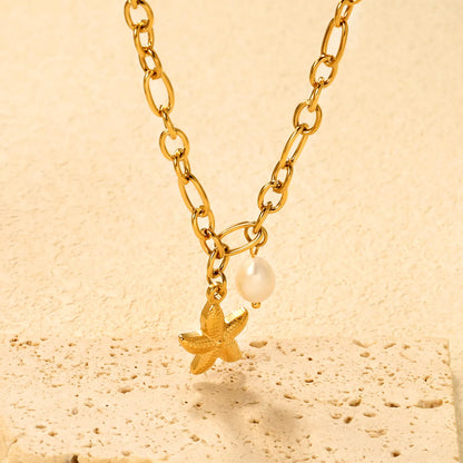 🌟Wholesale Gold Starfish Necklace: 15.1*19.6mm Charm + 7.8*14.6mm Pearl Accent | 1.2mm Rope Chain 40+5cm | Stainless Steel Beach Jewelry Bulk
