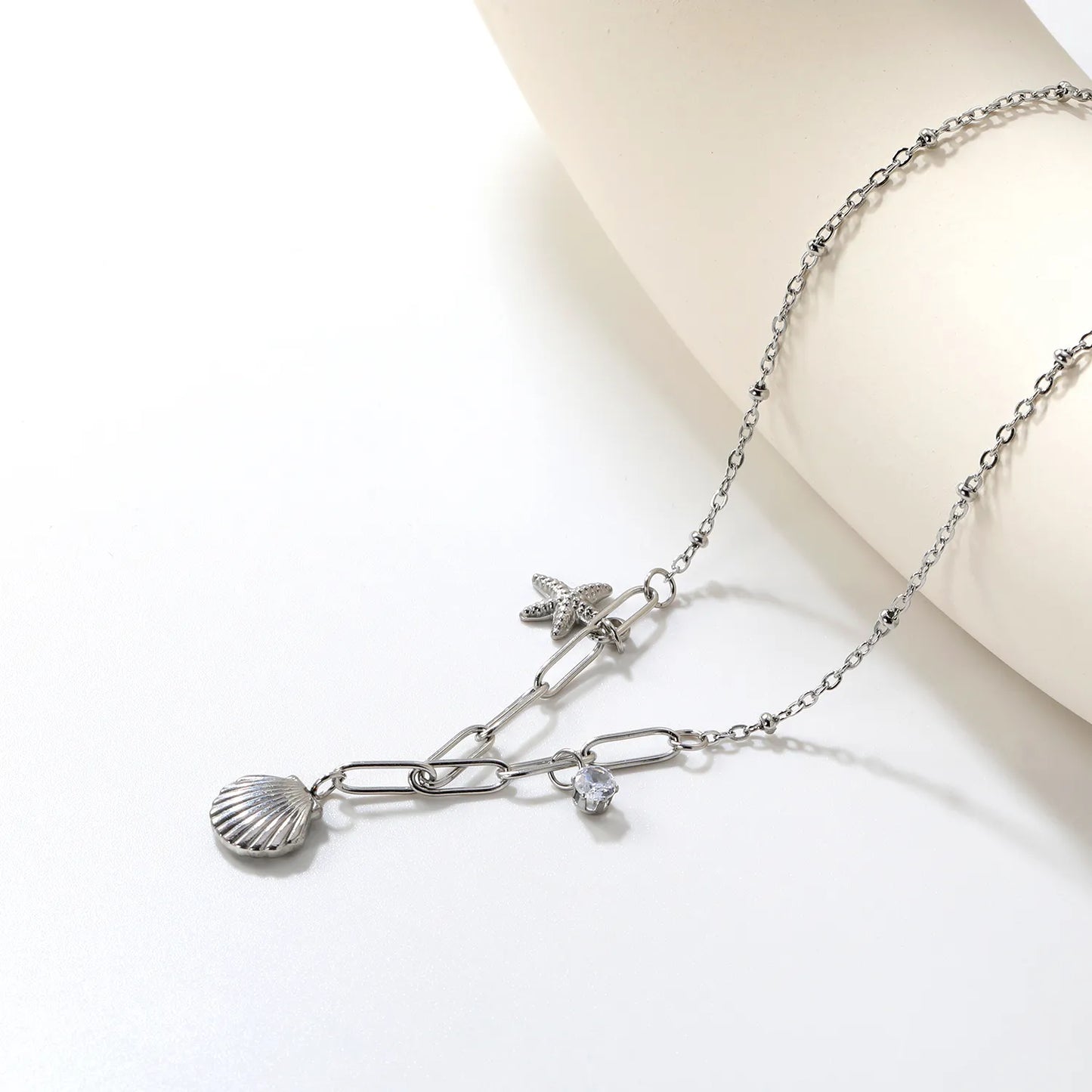 🌟 Wholesale Shell & Starfish Layered Chain Necklace | 42+5cm +10x3cm Ext | Steel/Gold