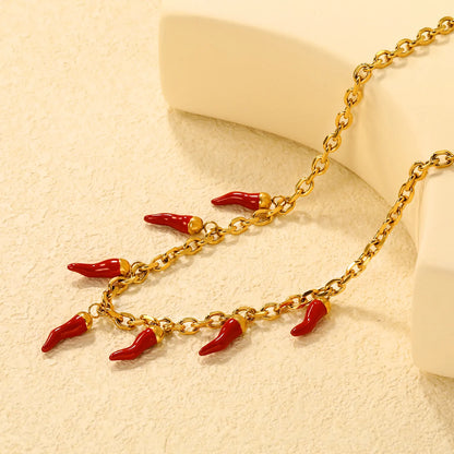 ✨5x16mm Chili Pepper Pendant Necklace Gold/Red Enamel | 1.2mm Curb Chain 40+5cm | Stainless Steel Wholesale Jewelry