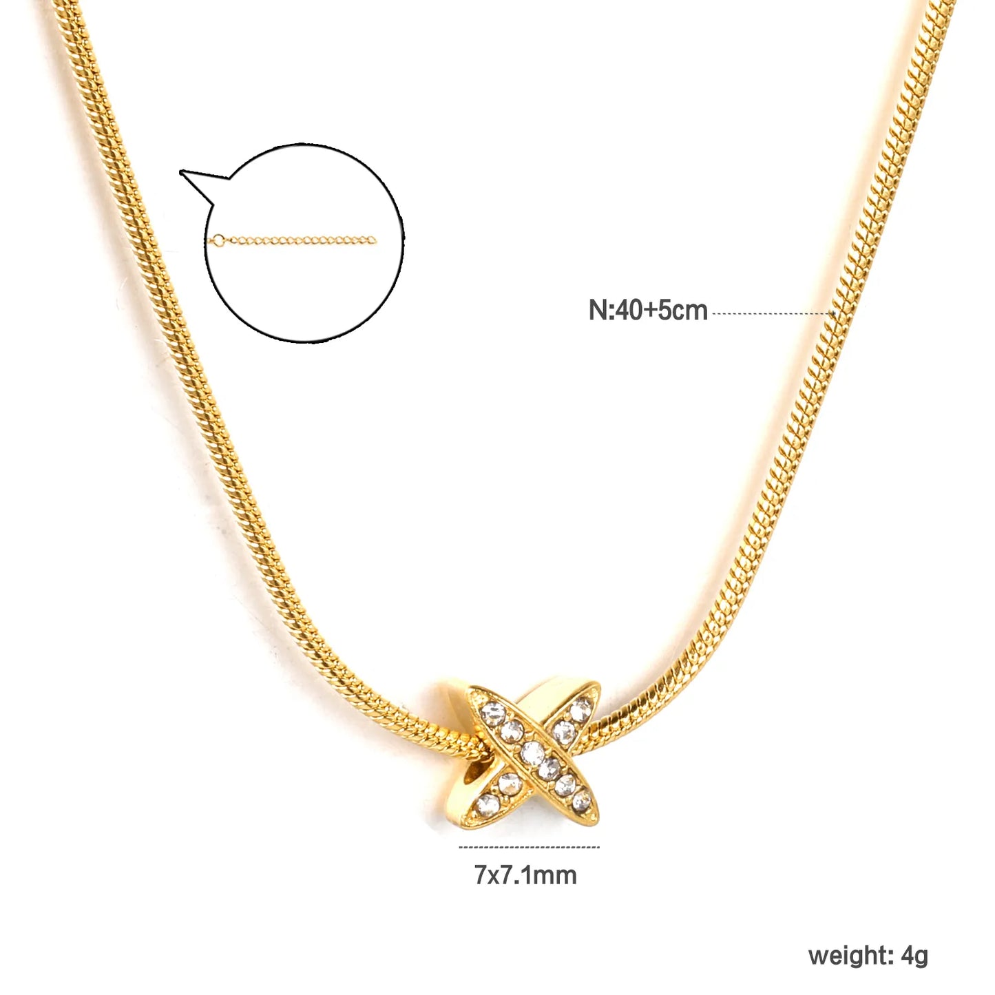 ✨7x7.1mm X-Shape Pendant Necklace White Zirconia/Black Enamel | 1.2mm Snake Chain or 0.3mm Cross Chain | Gold Stainless Steel Wholesale