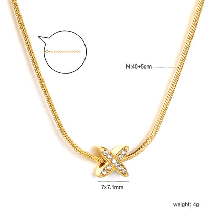 ✨7x7.1mm X-Shape Pendant Necklace White Zirconia/Black Enamel | 1.2mm Snake Chain or 0.3mm Cross Chain | Gold Stainless Steel Wholesale
