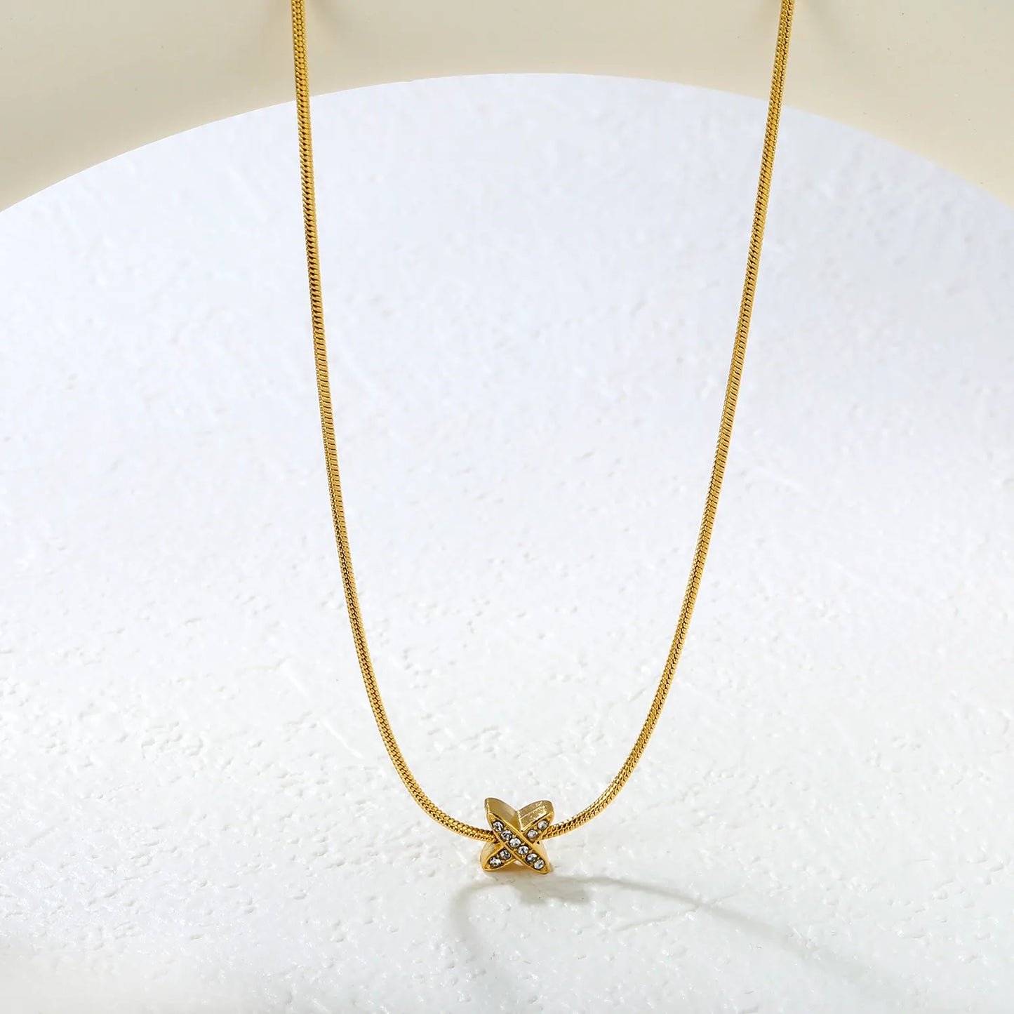 ✨7x7.1mm X-Shape Pendant Necklace White Zirconia/Black Enamel | 1.2mm Snake Chain or 0.3mm Cross Chain | Gold Stainless Steel Wholesale