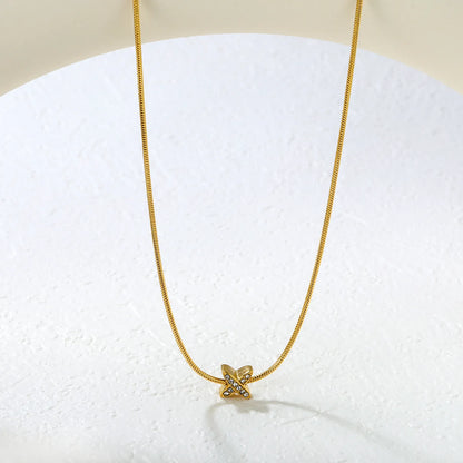 ✨7x7.1mm X-Shape Pendant Necklace White Zirconia/Black Enamel | 1.2mm Snake Chain or 0.3mm Cross Chain | Gold Stainless Steel Wholesale