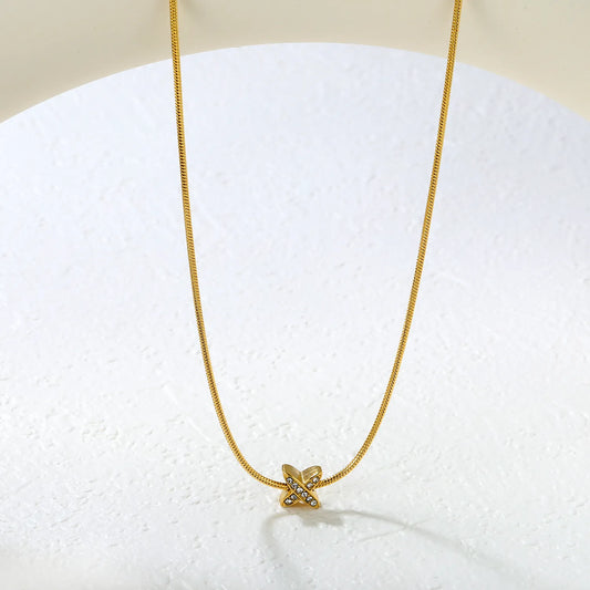 ✨7x7.1mm X-Shape Pendant Necklace White Zirconia/Black Enamel | 1.2mm Snake Chain or 0.3mm Cross Chain | Gold Stainless Steel Wholesale