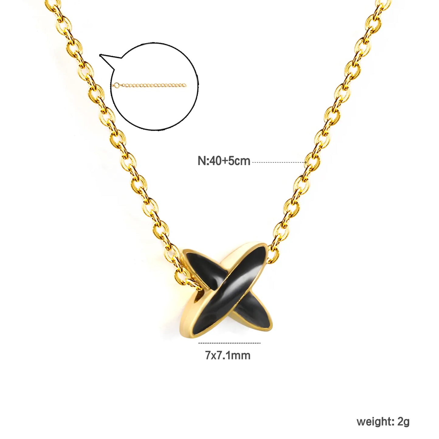 ✨7x7.1mm X-Shape Pendant Necklace White Zirconia/Black Enamel | 1.2mm Snake Chain or 0.3mm Cross Chain | Gold Stainless Steel Wholesale