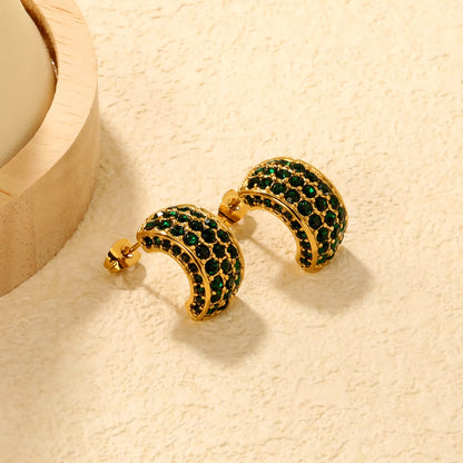 ✨ Wholesale C-Shape Earrings 10.2x18.4mm w/ White/Emerald Stones | Stainless Steel/Gold | Hypoallergenic