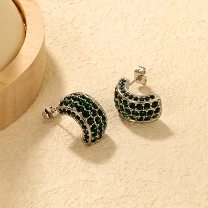✨ Wholesale C-Shape Earrings 10.2x18.4mm w/ White/Emerald Stones | Stainless Steel/Gold | Hypoallergenic