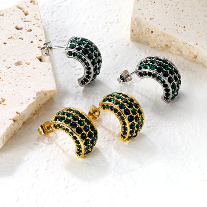 ✨ Wholesale C-Shape Earrings 10.2x18.4mm w/ White/Emerald Stones | Stainless Steel/Gold | Hypoallergenic