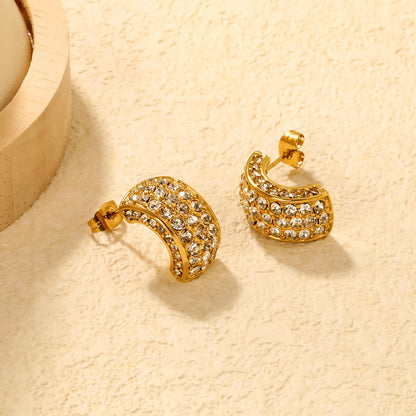 ✨ Wholesale C-Shape Earrings 10.2x18.4mm w/ White/Emerald Stones | Stainless Steel/Gold | Hypoallergenic