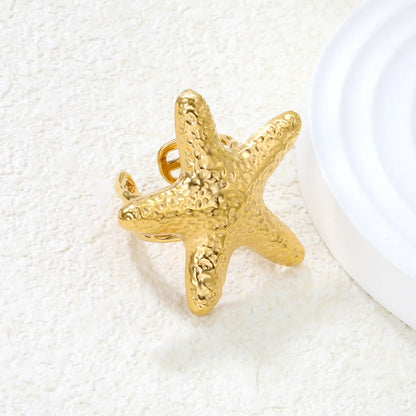 🌟 37.5mm Starfish Open Ring Gold Stainless Steel Statement Jewelry | Adjustable Ocean Ring | Wholesale Coastal Boho Accessory