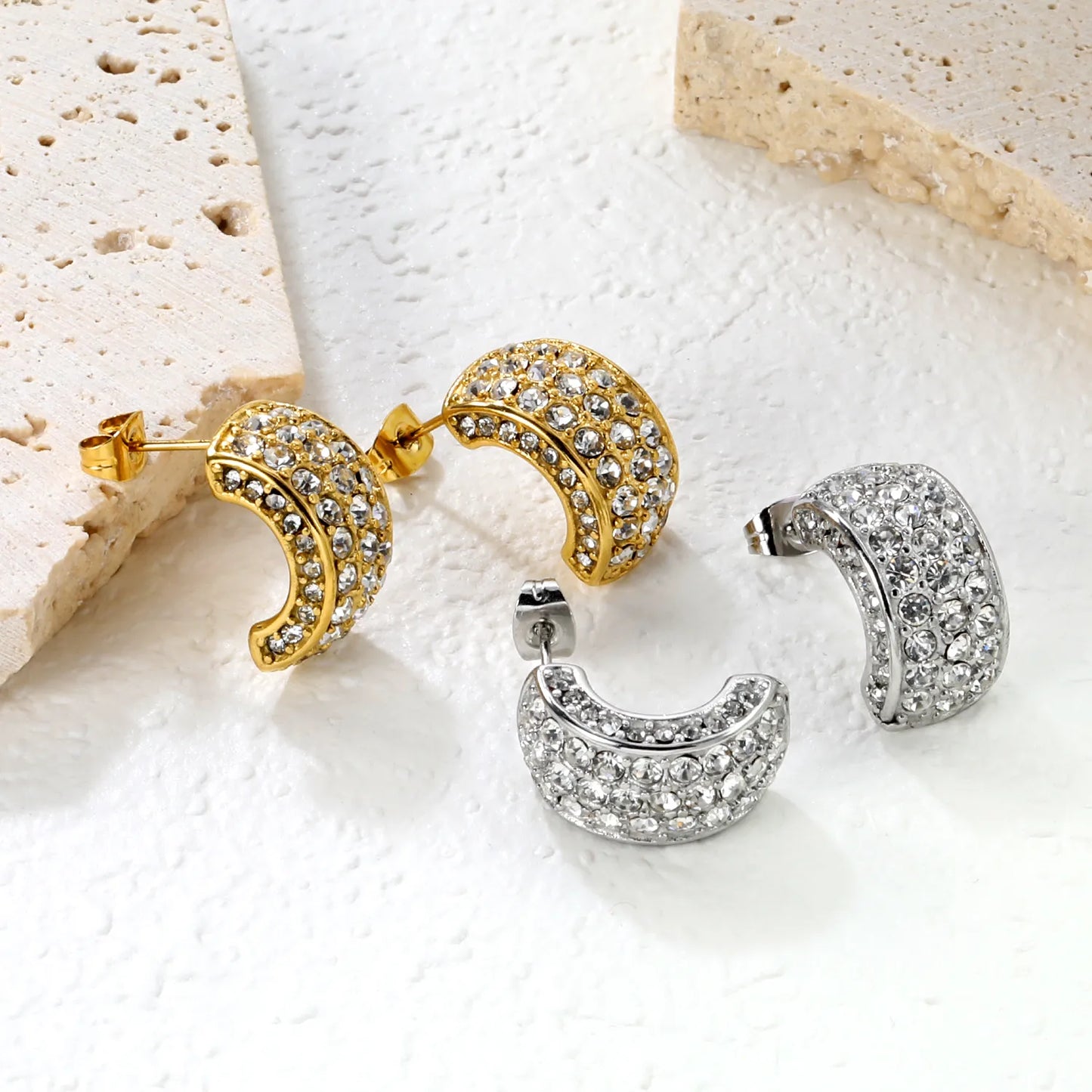 ✨ Wholesale C-Shape Earrings 10.2x18.4mm w/ White/Emerald Stones | Stainless Steel/Gold | Hypoallergenic
