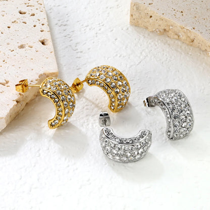 ✨ Wholesale C-Shape Earrings 10.2x18.4mm w/ White/Emerald Stones | Stainless Steel/Gold | Hypoallergenic