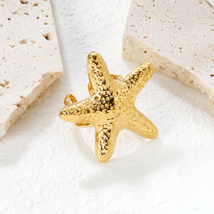 🌟 37.5mm Starfish Open Ring Gold Stainless Steel Statement Jewelry | Adjustable Ocean Ring | Wholesale Coastal Boho Accessory