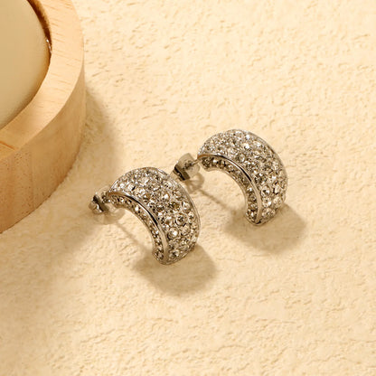 ✨ Wholesale C-Shape Earrings 10.2x18.4mm w/ White/Emerald Stones | Stainless Steel/Gold | Hypoallergenic