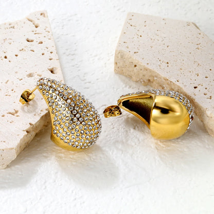 ✨ Wholesale Gold Teardrop Earrings w/ 20.3x30mm White Stones | Stainless Steel Studs | Hypoallergenic