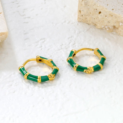 ✨ Wholesale Gold Bamboo Hoop Earrings 14x13.4mm | Green/Red Enamel & Plain | Stainless Steel Hypoallergenic
