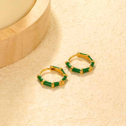 ✨ Wholesale Gold Bamboo Hoop Earrings 14x13.4mm | Green/Red Enamel & Plain | Stainless Steel Hypoallergenic