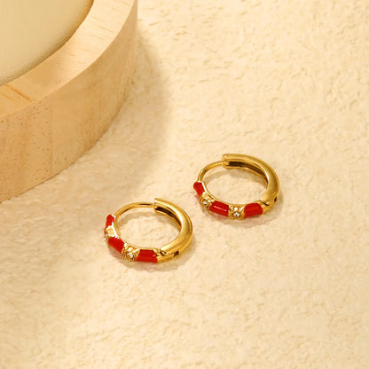 ✨ Wholesale Gold Bamboo Hoop Earrings 14x13.4mm | Green/Red Enamel & Plain | Stainless Steel Hypoallergenic
