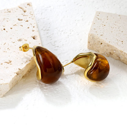 ✨ Wholesale Gold Teardrop Resin Studs 15.2x23.5mm | White/Amber Resin | Stainless Steel Hypoallergenic