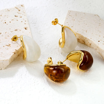 ✨ Wholesale Gold Teardrop Resin Studs 15.2x23.5mm | White/Amber Resin | Stainless Steel Hypoallergenic