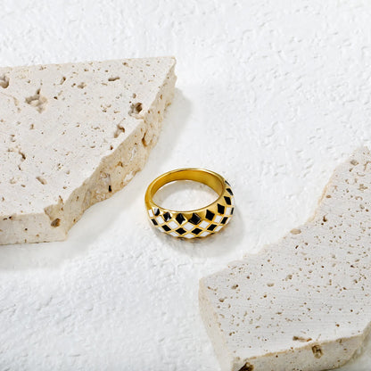 ♠️ Wholesale Checker Gold Ring | 7.8mm B&W Diamond | Steel