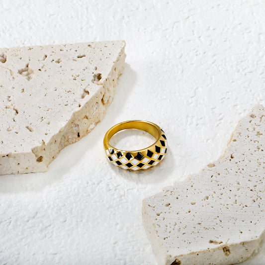 ♠️ Wholesale Checker Gold Ring | 7.8mm B&W Diamond | Steel