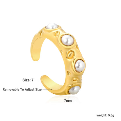 ✨ 18K Gold PVD 7mm High Irregular Hammered Pattern Open Rings inlaid with white pearls Wholesale (MOQ 12+) | Stainless Steel Hypoallergenic Bands 🌍 | Stackable & Statement Rings