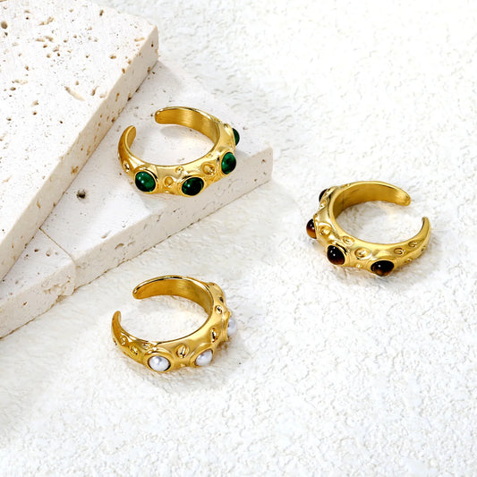 ✨ 18K Gold PVD 7mm High Irregular Hammered Pattern Open Rings inlaid with white pearls Wholesale (MOQ 12+) | Stainless Steel Hypoallergenic Bands 🌍 | Stackable & Statement Rings