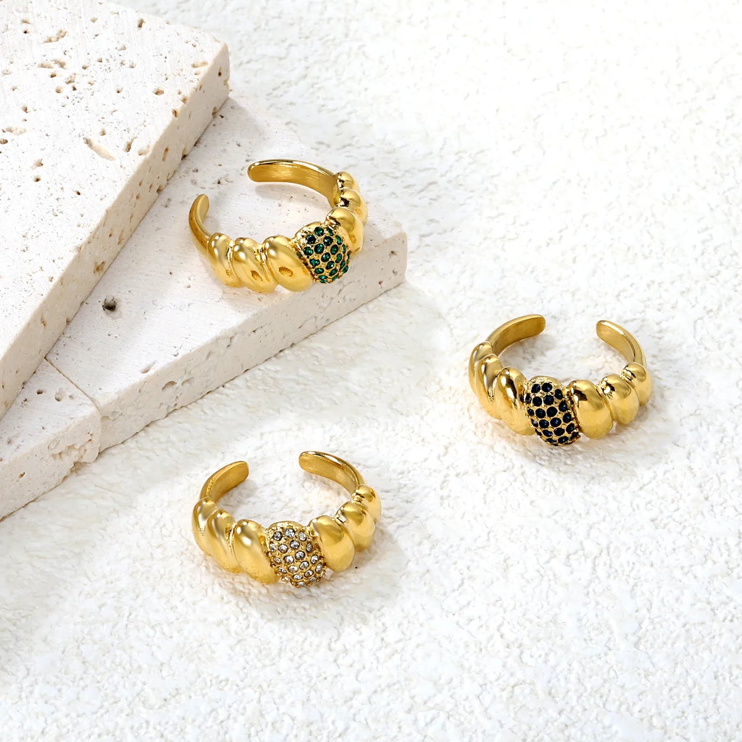 ✨ 18K Gold PVD 9.5mm High croissant-shaped Zircon Rings Wholesale (MOQ 12+) | Stainless Steel Hypoallergenic Bands 🌍 | Stackable & Statement Rings