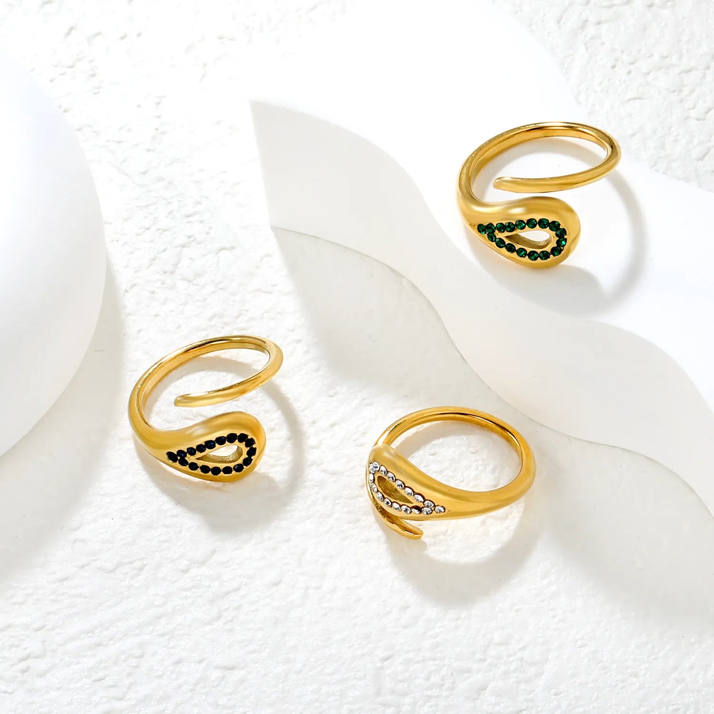 ✨ Wholesale Gold Stainless Steel Open Cuff Ring | 12mm Hollow Teardrop Design | Emerald/ Royal Blue/ White Zirconia | Adjustable Statement Ring