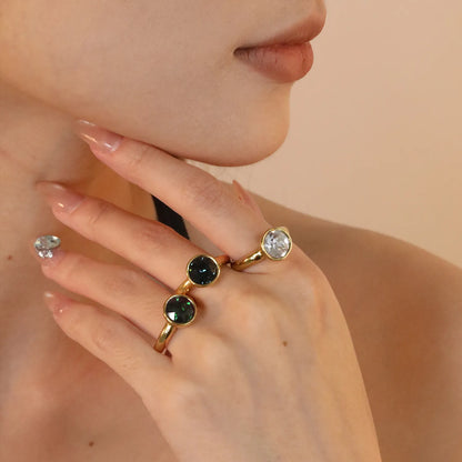 ✨ Wholesale Gold Stainless Steel Swarovski Crystal Ring | 10.2mm Royal Blue/White/Emerald Round Drill | Luxury Statement Ring for Bulk Orders