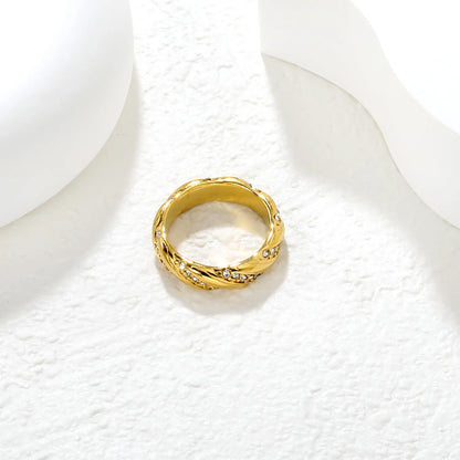 ✨ Wholesale Gold Stainless Steel Brushed Twist Ring | 5mm White/Green Zirconia Stone | Hypoallergenic Statement Ring