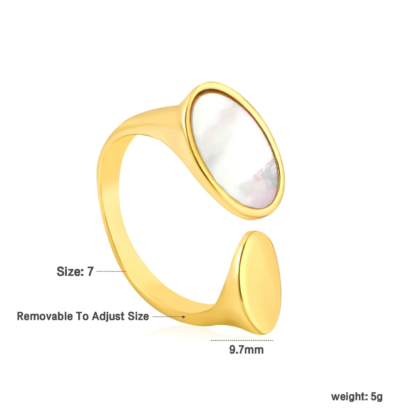 ✨ Wholesale Gold Stainless Steel Open Ring | 9.7mm Smooth Oval with Genuine White Mother-of-Pearl | Adjustable Statement Ring